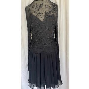 Vintage 90s Nancy Johnson Premier Black Hand Beaded/Sheer Cocktail Dress Size 10